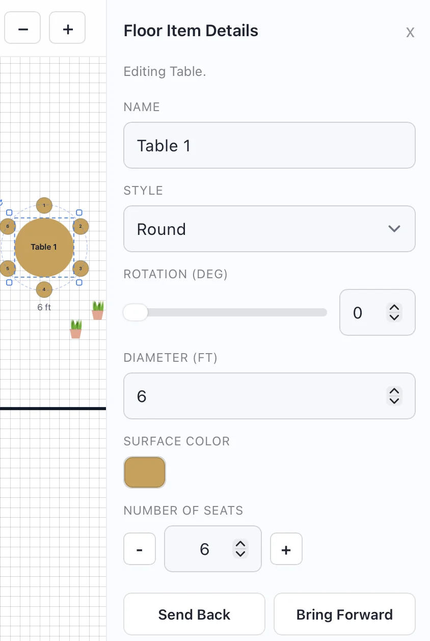 DrawRooms floor item editor sidebar with table controls