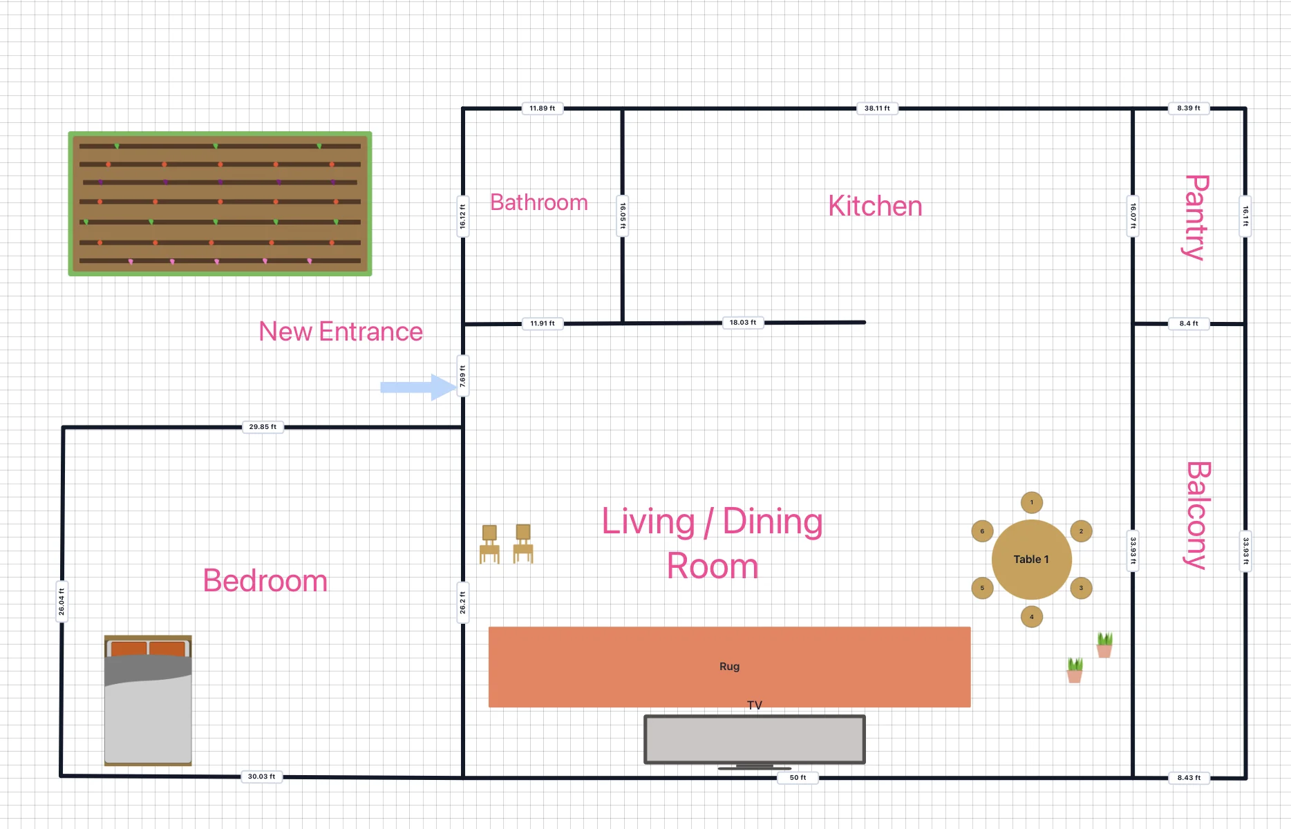 DrawRooms measured floor plan canvas with rooms, furniture, and outdoor areas